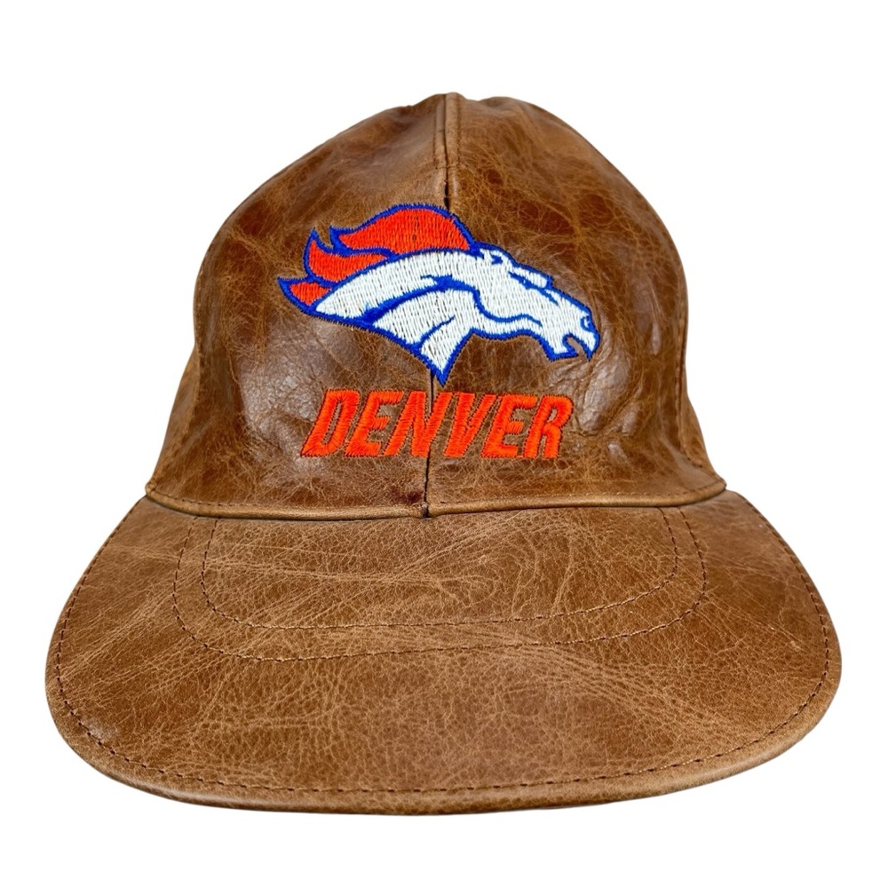Vintage Denver Broncos Leather Hat Adjustable Brown Cap NFL Football‎